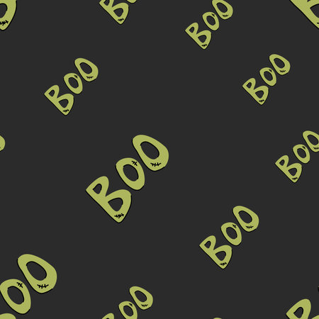 Halloween seamless pattern with boo inscription. Beautiful vector background for decoration halloween designs. Cute minimalistic art elements on white backdrop.のイラスト素材