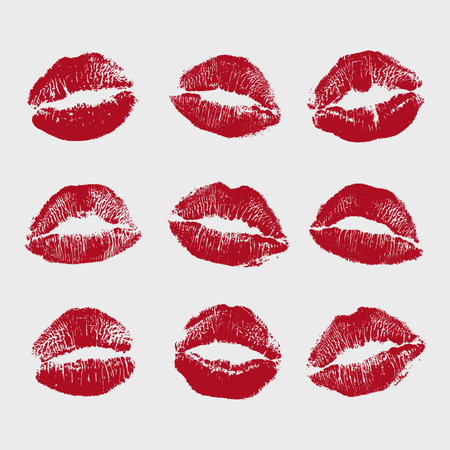 Set of 9 elements of vector realistic lips red kisses. Lipstick kiss isolated on white backgroundのイラスト素材
