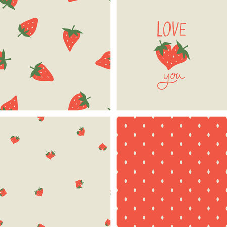 Collection of 4 strawberries hand drawn seamless patterns. Vector backgroundsのイラスト素材