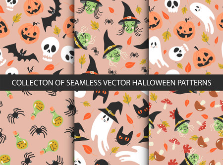 Collection of 6 halloween seamless hand drawn patterns. Vector spooky backgroundsのイラスト素材