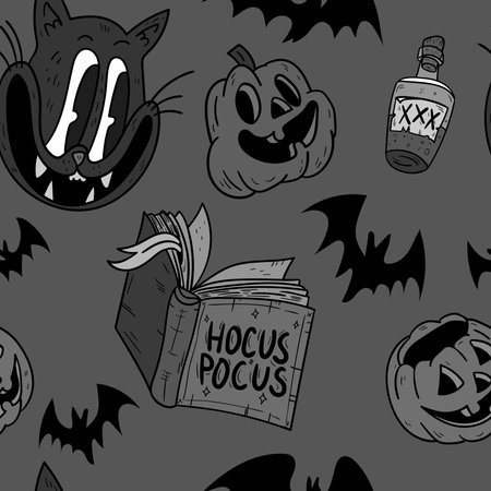 Halloween seamless vector pattern. Hand drawn background in retro old cartoons style.のイラスト素材