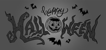 Happy Halloween calligraphy. Vector hand drawn illustration in retro cartoon styleのイラスト素材