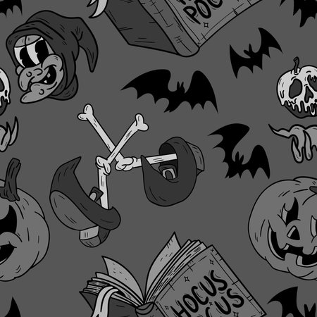 Halloween seamless vector pattern. Hand drawn background in retro old cartoons style.のイラスト素材