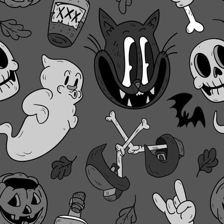 Halloween seamless vector pattern. Hand drawn background in retro old cartoons style.のイラスト素材