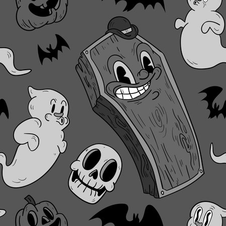 Halloween seamless vector pattern. Hand drawn background in retro old cartoons style.のイラスト素材