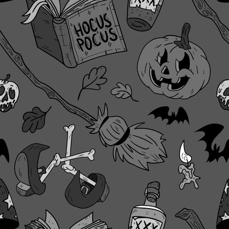 Halloween seamless vector pattern. Hand drawn background in retro old cartoons style.のイラスト素材