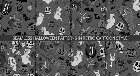 Collection of halloween seamless vector patterns. Hand drawn backgrounds in retro old cartoons style.のイラスト素材
