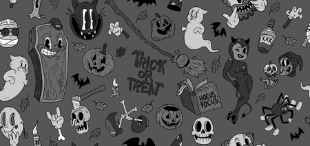 Halloween seamless vector pattern. Hand drawn background in retro old cartoons style.のイラスト素材