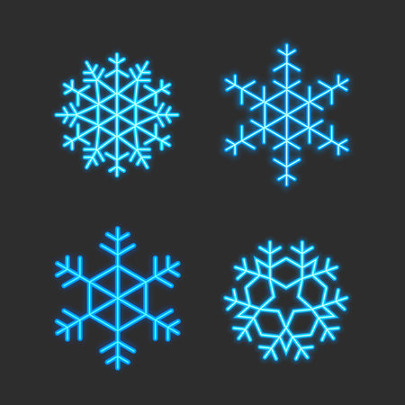 Collection of glowing neon snowflakes in line style isolated on dark backgroundのイラスト素材