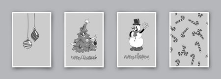 Collection of 4 simple christmas cards in retro cartoon style isolated on background. Hand drawn cute vintage posters, holiday covers or bannersのイラスト素材