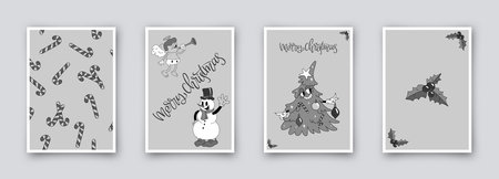 Collection of 4 simple christmas cards in retro cartoon style isolated on background. Hand drawn cute vintage posters, holiday covers or bannersのイラスト素材