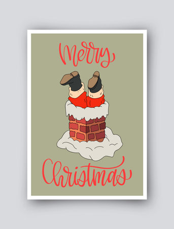Cute simple Christmas card in retro cartoon style. Vector winter holiday invitation isolated on backgroundのイラスト素材