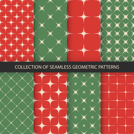 Collection of 4 seamless ornamental geometric patterns in Christmas colors. Simple and trendy texturesのイラスト素材