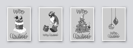 Collection of 4 simple christmas cards in retro cartoon style isolated on background. Hand drawn cute vintage posters, holiday covers or bannersのイラスト素材