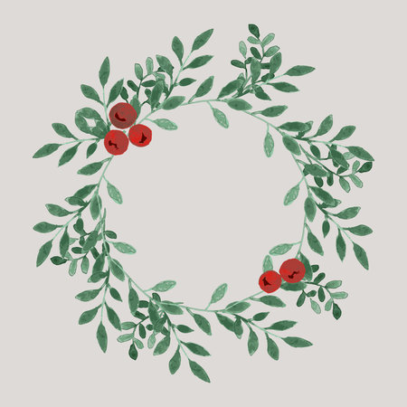 Merry Christmas watercolor wreath. Green fir twigs and red berries. Vector illustration. Nature design greeting card template. Winter xmas holidaysのイラスト素材