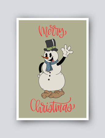 Cute simple Christmas card in retro cartoon style. Vector winter holiday invitation isolated on backgroundのイラスト素材