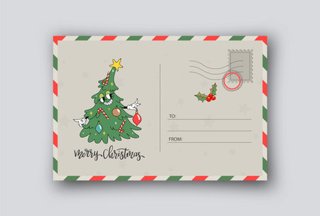 Christmas postcard. Vintage holiday postal card with stamp and winter elements in retro cartoon style. new year greeting message, invitation letter and posting frameのイラスト素材