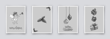 Collection of 4 simple christmas cards in retro cartoon style isolated on background. Hand drawn cute vintage posters, holiday covers or bannersのイラスト素材