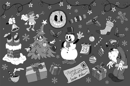 Big Christmas collection with Christmas elements in black and white retro cartoon style. Christmas holiday hand drawn cute symbolsのイラスト素材
