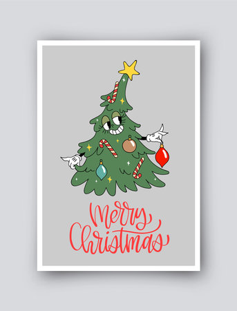 Cute simple Christmas card in retro cartoon style. Vector winter holiday invitation isolated on backgroundのイラスト素材
