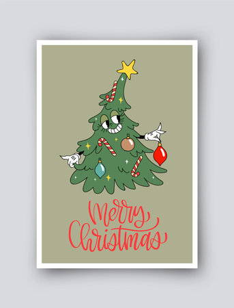 Cute simple Christmas card in retro cartoon style. Vector winter holiday invitation isolated on backgroundのイラスト素材