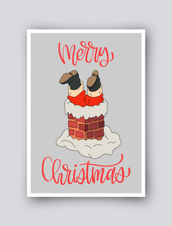 Cute simple Christmas card in retro cartoon style. Vector winter holiday invitation isolated on backgroundのイラスト素材