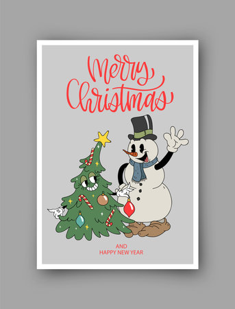 Cute simple Christmas card in retro cartoon style. Vector winter holiday invitation isolated on backgroundのイラスト素材