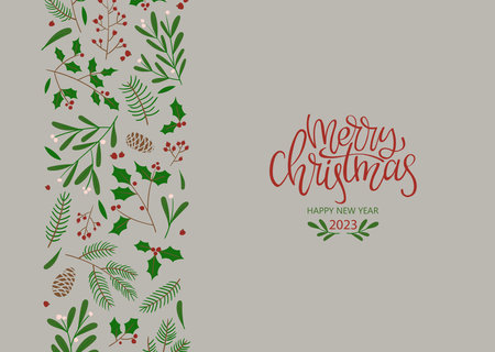 Christmas simple background with fir branches and holly berries. Vector illustration with elements and lettering. 2023 happy new yearのイラスト素材