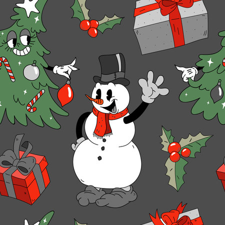 Christmas seamless pattern with snowman, christmas tree and gifts. Perfect for wallpaper, wrapping paper, pattern fills, winter greetings, web page background, Christmas and New Year greeting cardsのイラスト素材