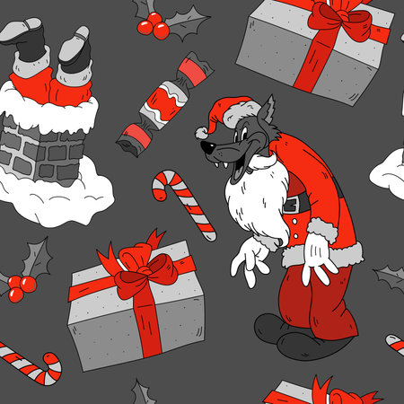 Christmas seamless pattern with Santa and gifts in retro cartoon style. Perfect for wallpaper, wrapping paper, pattern fills, winter greetings, web page backgroundのイラスト素材