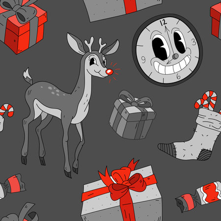 Christmas seamless pattern in retro cartoon style. Perfect for wallpaper, wrapping paper, pattern fills, winter greetings, web page background, Christmas and New Year greeting cardsのイラスト素材