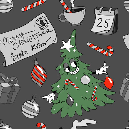Christmas seamless pattern in retro cartoon style. Perfect for wallpaper, wrapping paper, pattern fills, winter greetings, web page background, Christmas and New Year greeting cardsのイラスト素材