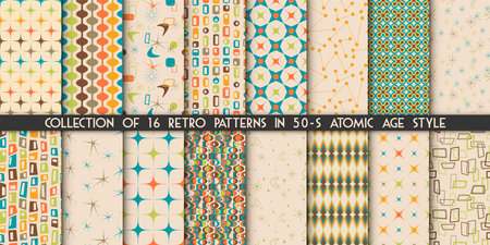 Collection of 16 fifties modern atomic retro seamless vector patterns. Big vintage trendy set. 50s texturesのイラスト素材