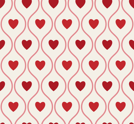 Groovy Hearts Seamless Pattern. Vector Background in 1970s-1980s Hippie Retro Style for Print on Textile, Wrapping Paper, Web Design and Social Media. Pink and Purple Colors.のイラスト素材