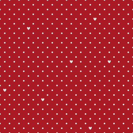 Seamless polka dot red pattern with hearts. Vector Valentines day wedding wrapping love textureのイラスト素材