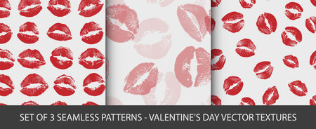 Set of 3 vector seamless backgrounds. Lipstik kiss Valentine's day lovely patternsのイラスト素材