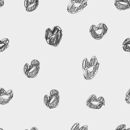 Seamless vector pattern lipstick kiss in pencil hand drawn style on white background. Vector flat illustration for design. Printing of the lips.のイラスト素材