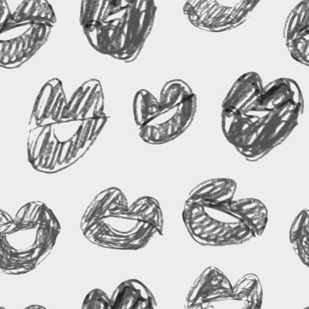 Seamless vector pattern lipstick kiss in pencil hand drawn style on white background. Vector flat illustration for design. Printing of the lips.のイラスト素材