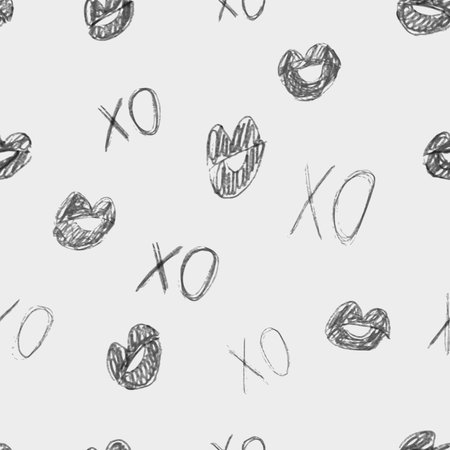 Seamless vector pattern lipstick kiss in pencil hand drawn style on white background. Vector flat illustration for design. Printing of the lips.のイラスト素材