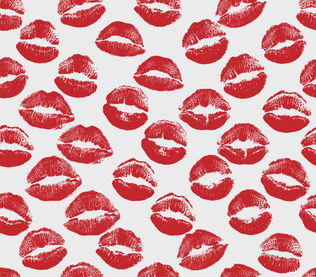 Vector red lips kiss seamless pattern background. Lipstick kisses prints wrapping paper. World kiss day, Valentine's dayのイラスト素材