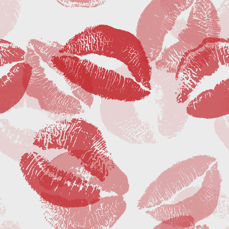 Seamless pattern red and pink lips kisses prints. Valentines day love backgroundのイラスト素材
