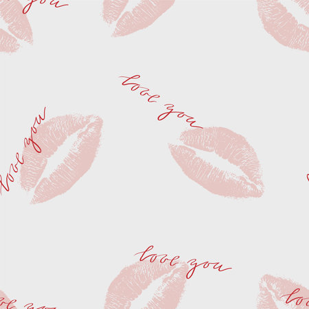 Seamless pattern pink lipstick kiss and love lettering phrase on white background. Vector flat illustration for design. Printing of the lips.のイラスト素材