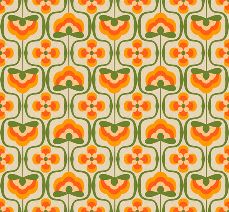 70s retro seamless vector pattern. Geometric floral vintage background. Abstract seventies textureのイラスト素材