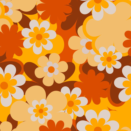 Colorful Floral Vector Seamless Pattern. Retro 70s Style Nostalgic Fashion Textile Bold Background. Summer Resort Print. Daisies. Flower Powerのイラスト素材