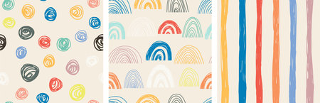 Set of 3 hand drawn vector seamless patterns in pastel colors for kids design.のイラスト素材