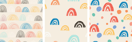 Set of 3 hand drawn vector seamless patterns in pastel colors for kids design.のイラスト素材