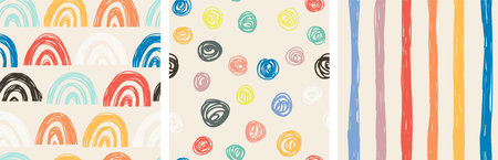 Set of 3 hand drawn vector seamless patterns in pastel colors for kids design.のイラスト素材
