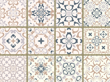 Set of 12 vector tile patterns, Lisbon floral mosaic, seamless traditional ornamentsのイラスト素材