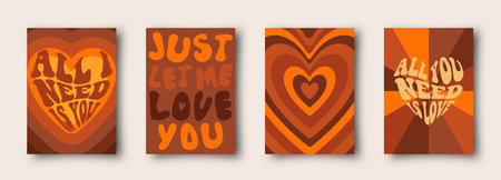 Vector set of retro greeting cards for Valentines Day. Social media post with groovy slogans and phrase. love word in heart shapeのイラスト素材