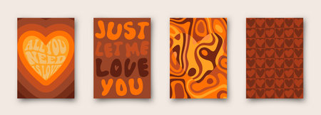 Vector set of retro greeting cards for Valentines Day. Social media post with groovy slogans and phrase. love word in heart shapeのイラスト素材